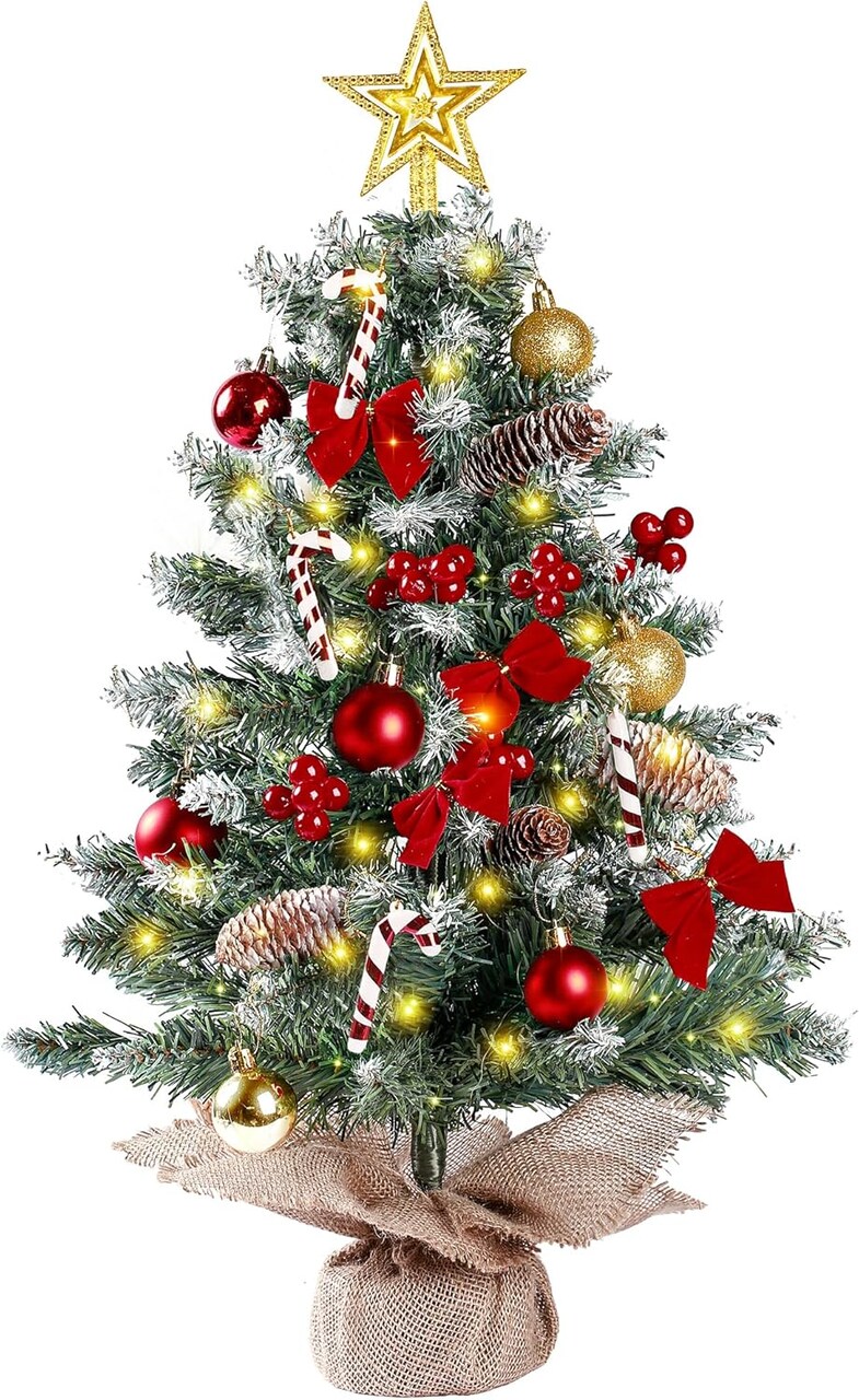 23.6’’ Mini Snow Frosted Christmas Tree Table Top Lighted Artificial Xmas Tree Star Treetop Pine Cones Red Bows Balls Candy Canes Red Berries Hanging Ornaments DIY Holiday Indoor Decorations